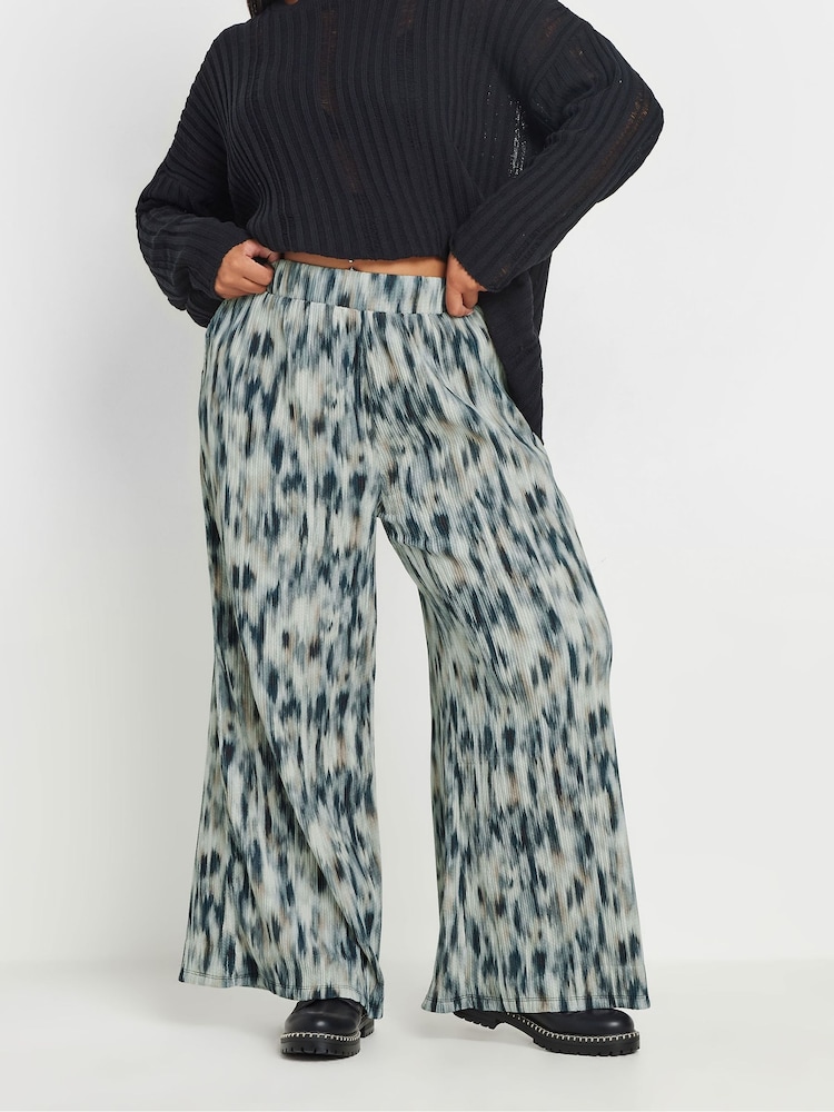 Yours Curve Blue Abstract Wide Leg Trousers - Image 1 of 5