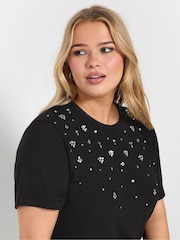 Yours Curve Black Knitted Gem T-Shirt - Image 2 of 5