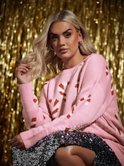 Yours Curve Pink Christmas Candy Cane Jumper - Image 3 of 4