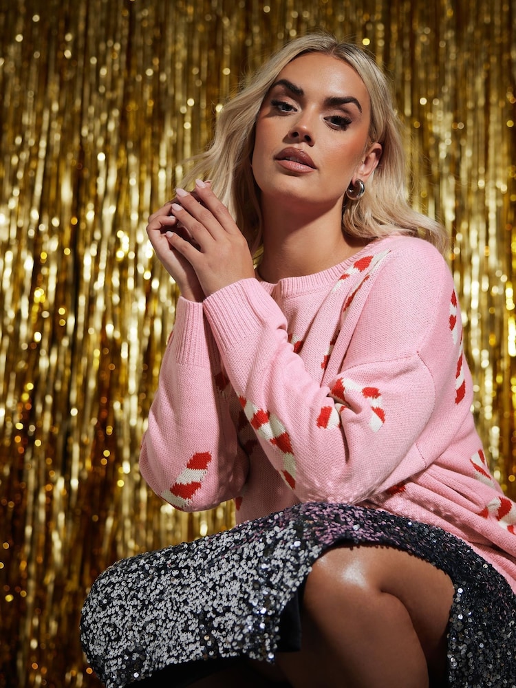 Yours Curve Pink Christmas Candy Cane Jumper - Image 4 of 4