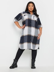 Yours Curve Navy Blue/White Check 100% Cotton Maxi Shirt - Image 1 of 5