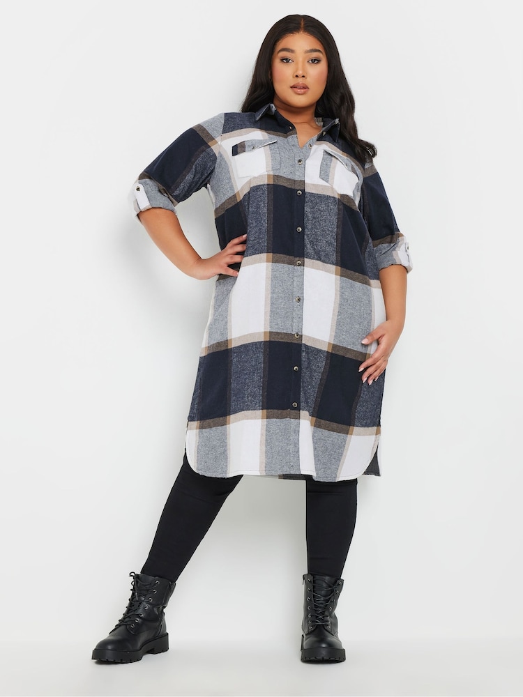 Yours Curve Navy Blue/White Check 100% Cotton Maxi Shirt - Image 1 of 5