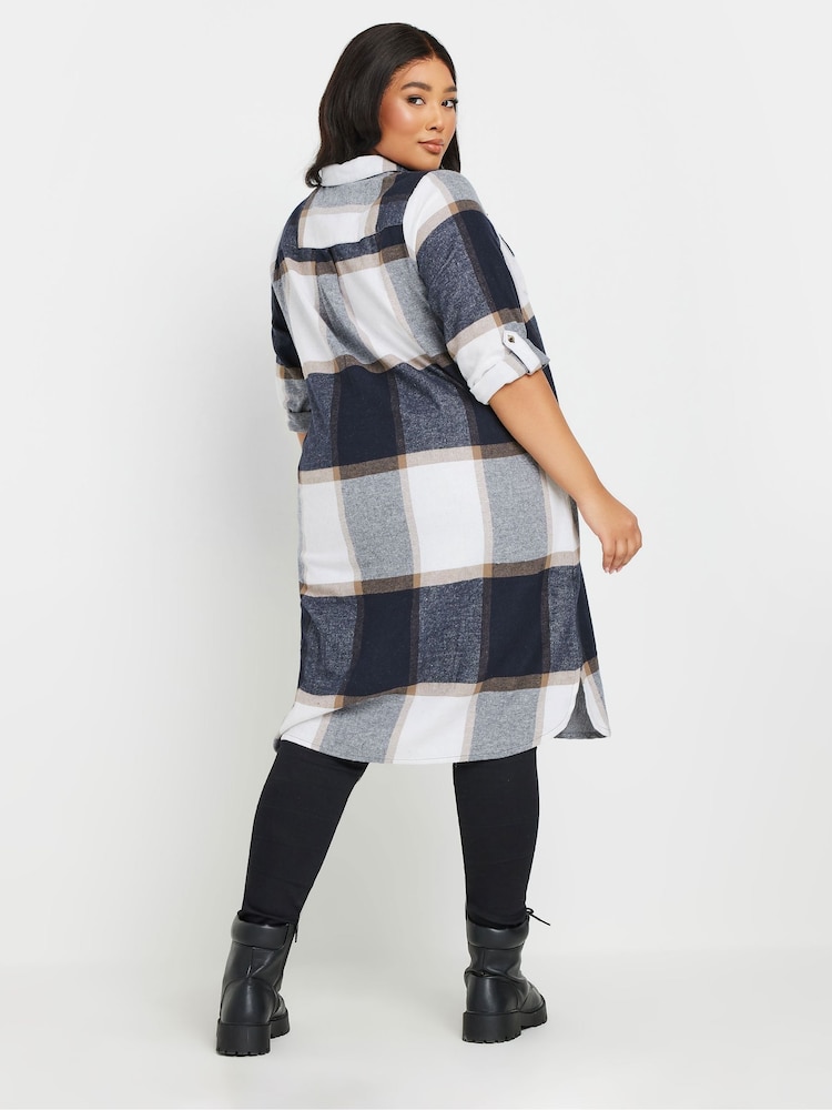 Yours Curve Navy Blue/White Check 100% Cotton Maxi Shirt - Image 3 of 5