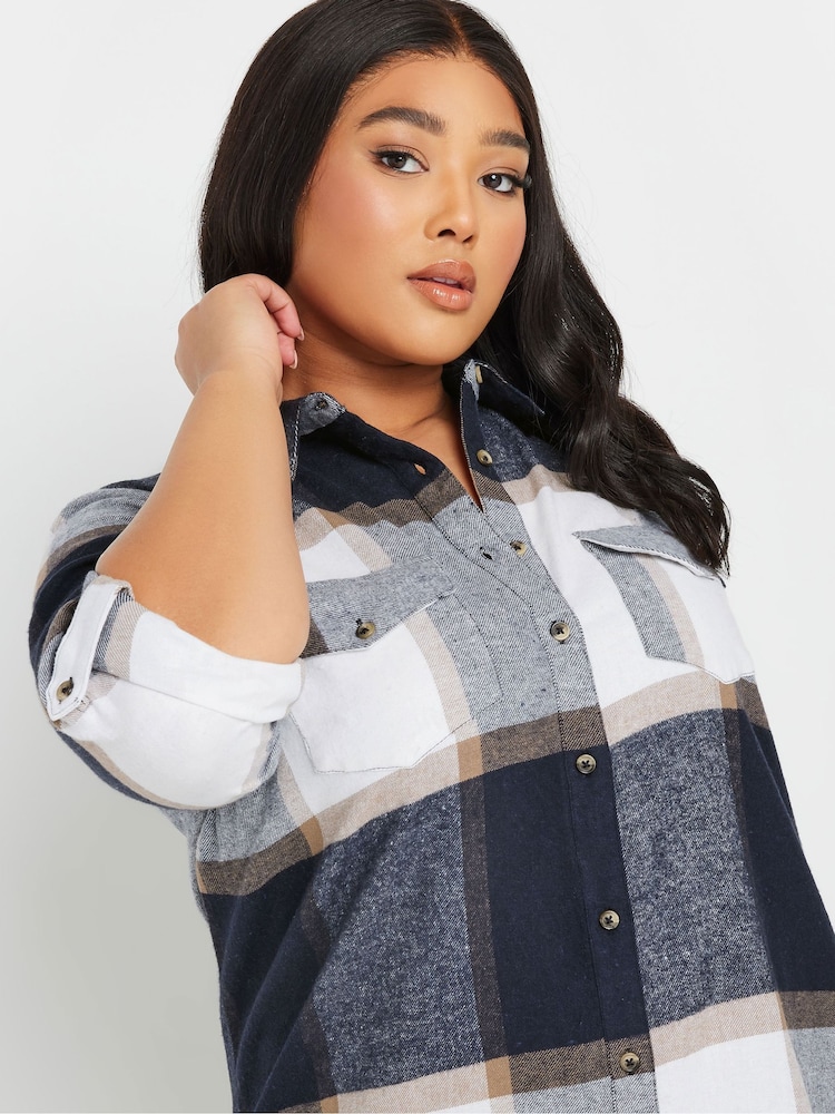 Yours Curve Navy Blue/White Check 100% Cotton Maxi Shirt - Image 4 of 5