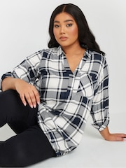 Yours Curve Navy Blue Check Print Boyfriend Shirt - Image 1 of 5