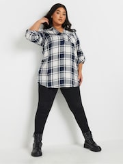 Yours Curve Navy Blue Check Print Boyfriend Shirt - Image 2 of 5