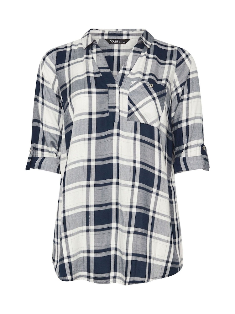 Yours Curve Navy Blue Check Print Boyfriend Shirt - Image 5 of 5