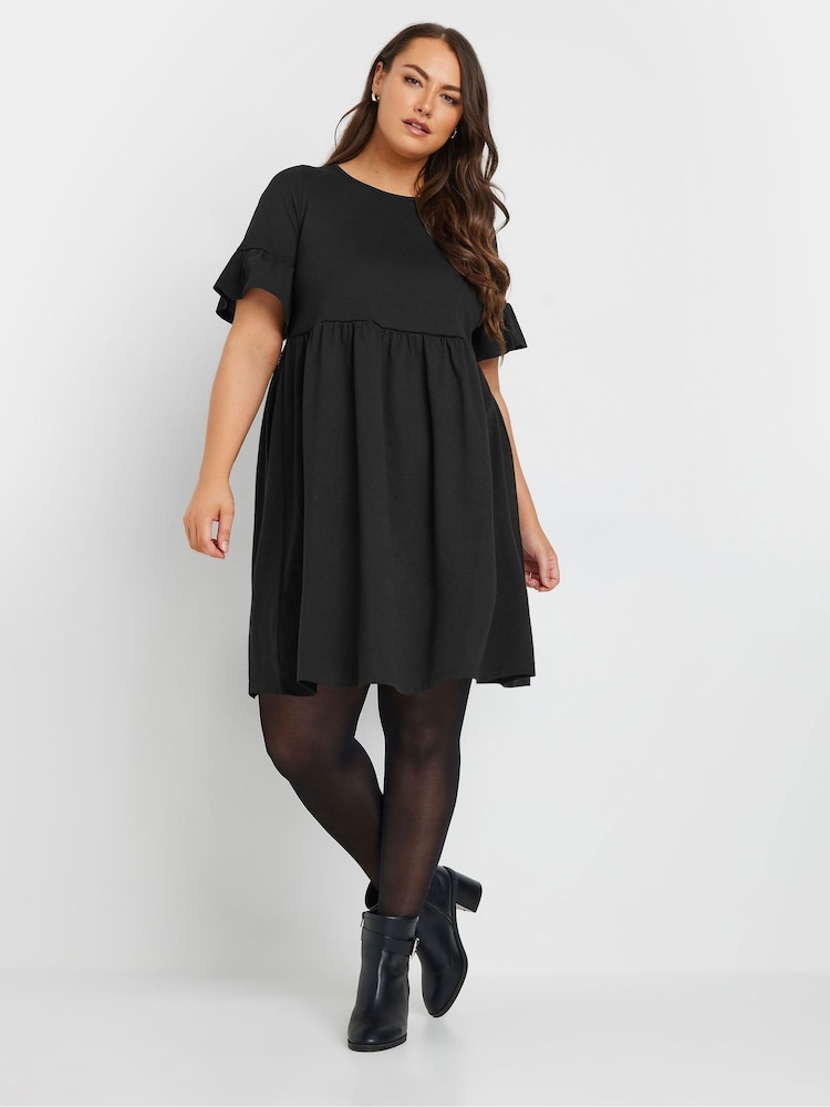 Yours Curve Black Frill Sleeve Smock Tunic Dress - Image 1 of 5