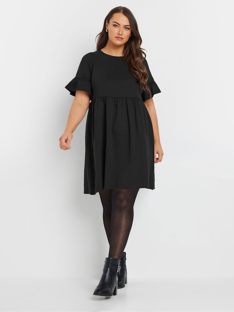Yours Curve Black Frill Sleeve Smock Tunic Dress - Image 2 of 5