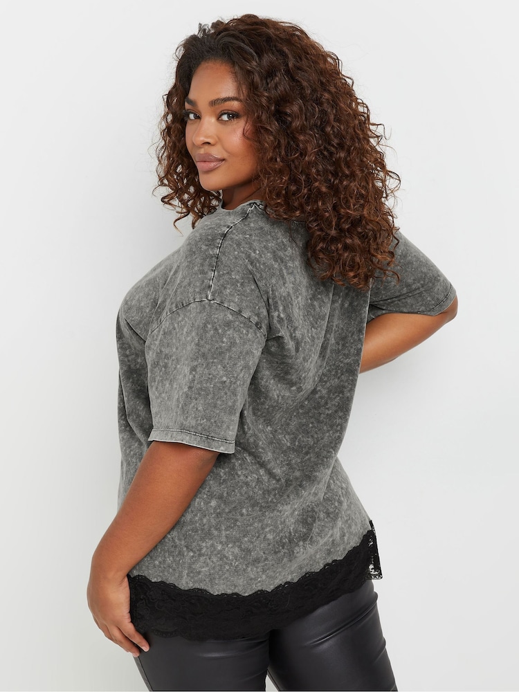 Yours Curve Grey 100% Cotton Acid Wash Lace Hem T-Shirt - Image 3 of 5
