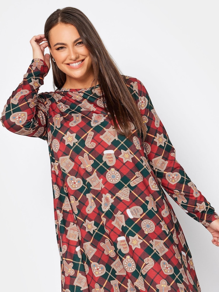 Yours Curve Red Novelty Long Sleeve Gingerbread Christmas Tunic - Image 1 of 4