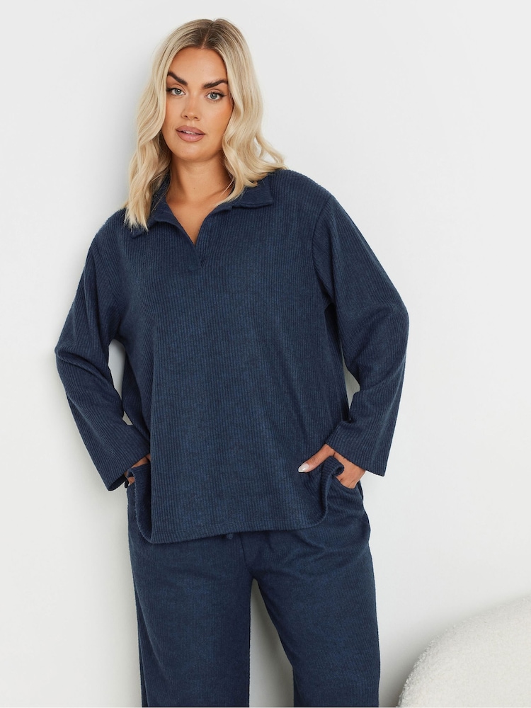 Yours Curve Blue Soft Touch Collared Top - Image 1 of 5