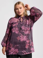 Yours Curve Purple Floral Print Metallic Blouse - Image 1 of 5
