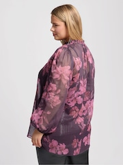 Yours Curve Purple Floral Print Metallic Blouse - Image 3 of 5
