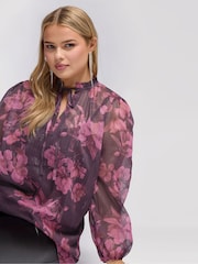 Yours Curve Purple Floral Print Metallic Blouse - Image 4 of 5