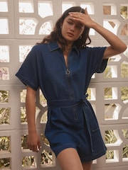 Azul oscuro - Lightweight Zip Through Denim 100% Cotton Playsuit - Imagen 1 de 8