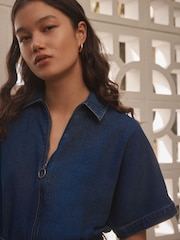 Azul oscuro - Lightweight Zip Through Denim 100% Cotton Playsuit - Imagen 4 de 8