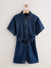 Azul oscuro - Lightweight Zip Through Denim 100% Cotton Playsuit - Imagen 6 de 8