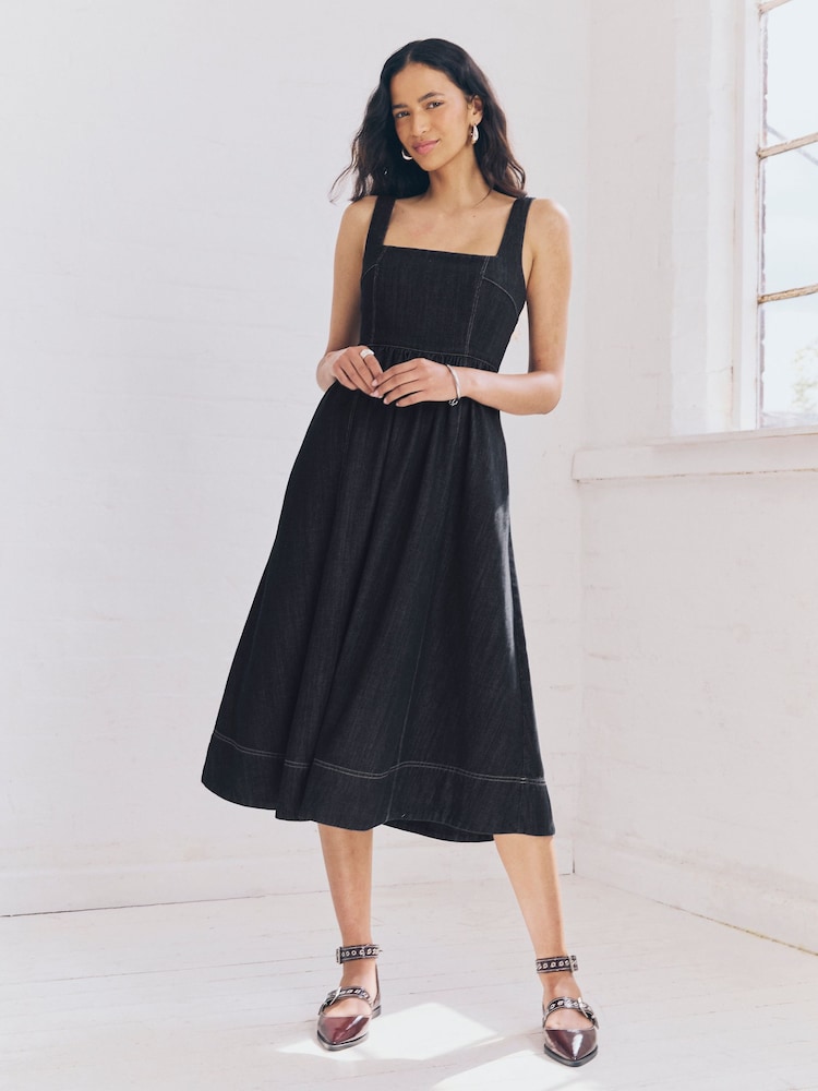 Rinse Corset Fit and Flare Square Neck Tencel Denim Dress - Image 1 of 9 Rinse Corset Fit and Flare Square Neck Tencel Denim Dress - Image 1 of 9