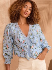 Love & Roses Blue Floral Texture Ruffle Detail 3/4 Sleeve Blouse - Image 1 of 4