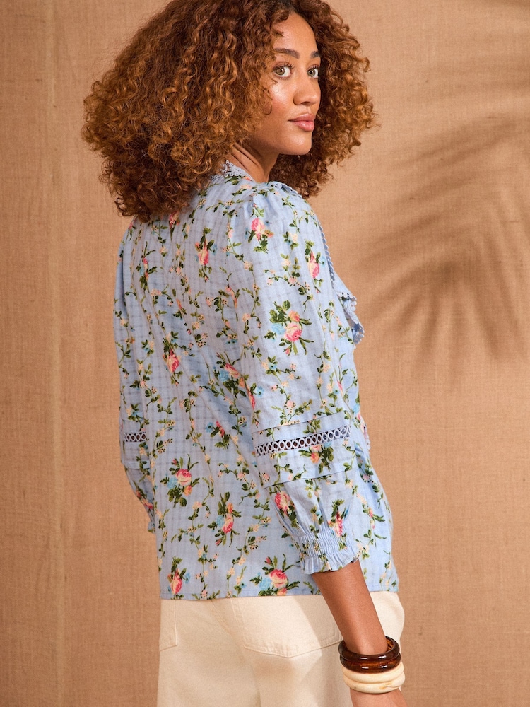 Love & Roses Blue Floral Texture Ruffle Detail 3/4 Sleeve Blouse - Image 4 of 4