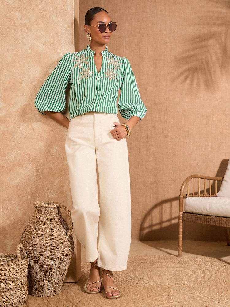 Love & Roses Green Stripe Pie Crust Detail 3/4 Sleeve Blouse - Image 3 of 4