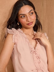 Love & Roses Pink Frill Short Sleeve V-Neck Blouse - Image 2 of 4