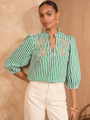 Love & Roses Green Stripe Petite Pie Crust Detail 3/4 Sleeve Blouse - Image 1 of 4