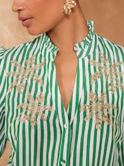 Love & Roses Green Stripe Petite Pie Crust Detail 3/4 Sleeve Blouse - Image 2 of 4