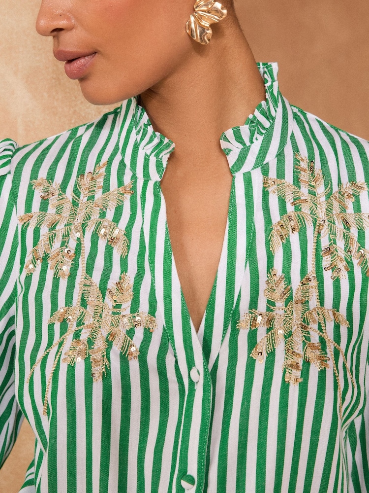 Love & Roses Green Stripe Petite Pie Crust Detail 3/4 Sleeve Blouse - Image 2 of 4