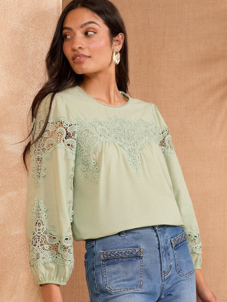 Love & Roses Green Lace Detail Long Sleeve Blouse - Image 1 of 4