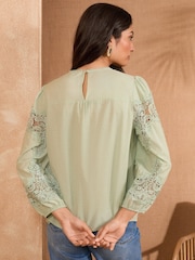 Love & Roses Green Lace Detail Long Sleeve Blouse - Image 4 of 4