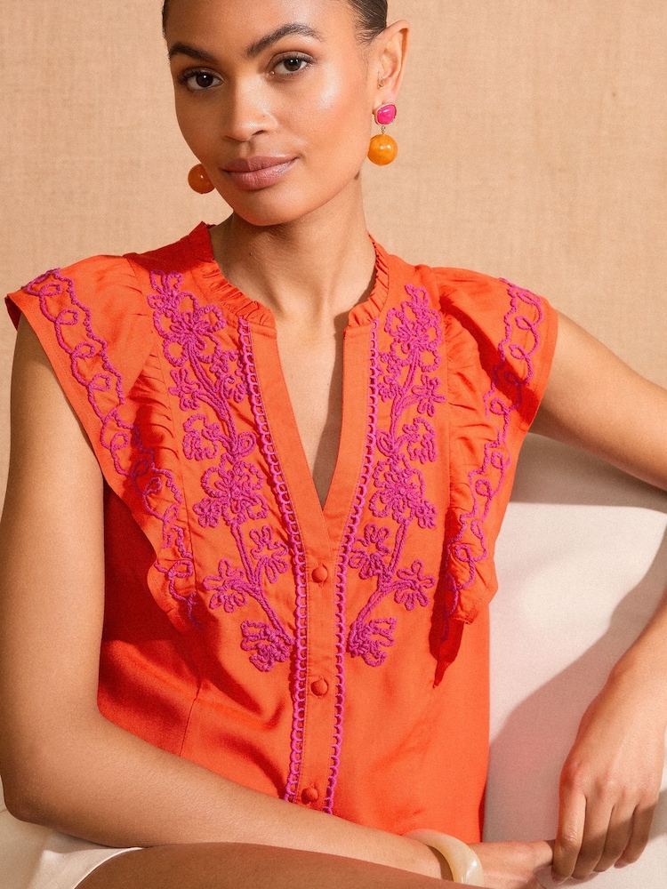 Love & Roses Orange Print Flutter Sleeve Printed V-Neck Blouse - Image 1 of 4