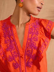 Love & Roses Orange Print Flutter Sleeve Printed V-Neck Blouse - Image 2 of 4