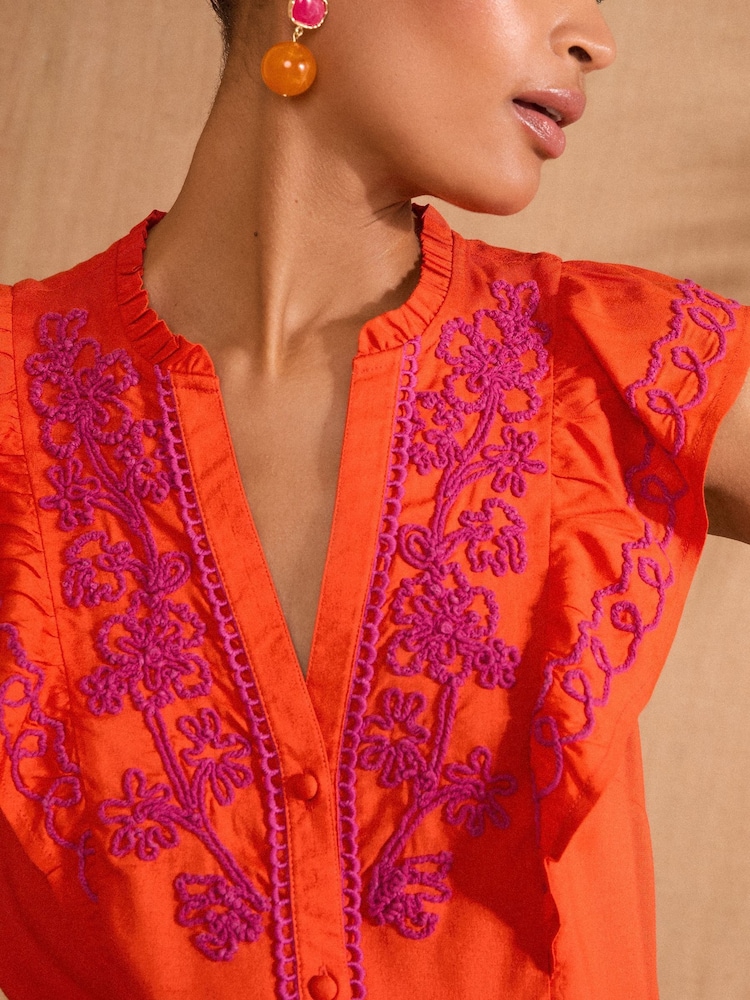 Love & Roses Orange Print Flutter Sleeve Printed V-Neck Blouse - Image 2 of 4
