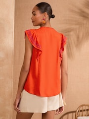 Love & Roses Orange Print Flutter Sleeve Printed V-Neck Blouse - Image 4 of 4