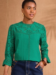 Love & Roses Green Broderie 3/4 Sleeve Crew Neck 100% Cotton Blouse - Image 1 of 4