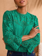 Love & Roses Green Broderie 3/4 Sleeve Crew Neck 100% Cotton Blouse - Image 2 of 4
