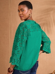 Love & Roses Green Broderie 3/4 Sleeve Crew Neck 100% Cotton Blouse - Image 4 of 4