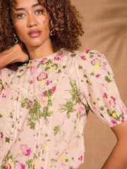 Love & Roses Pink Floral Printed Broderie Short Sleeve Blouse - Image 2 of 4