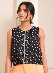 Love & Roses Black/White Spot Sleeveless Scallop Detail Shell Top - Image 1 of 4