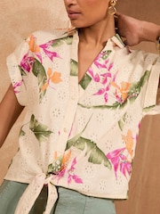 Love & Roses Ivory White Tropical Tie Front Short Sleeve Shirt - Image 2 of 4