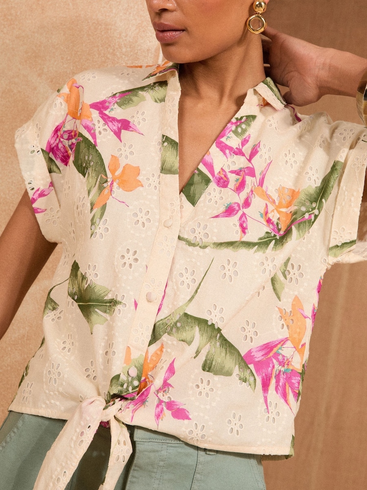 Love & Roses Ivory White Tropical Tie Front Short Sleeve Shirt - Image 2 of 4