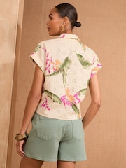 Love & Roses Ivory White Tropical Tie Front Short Sleeve Shirt - Image 4 of 4