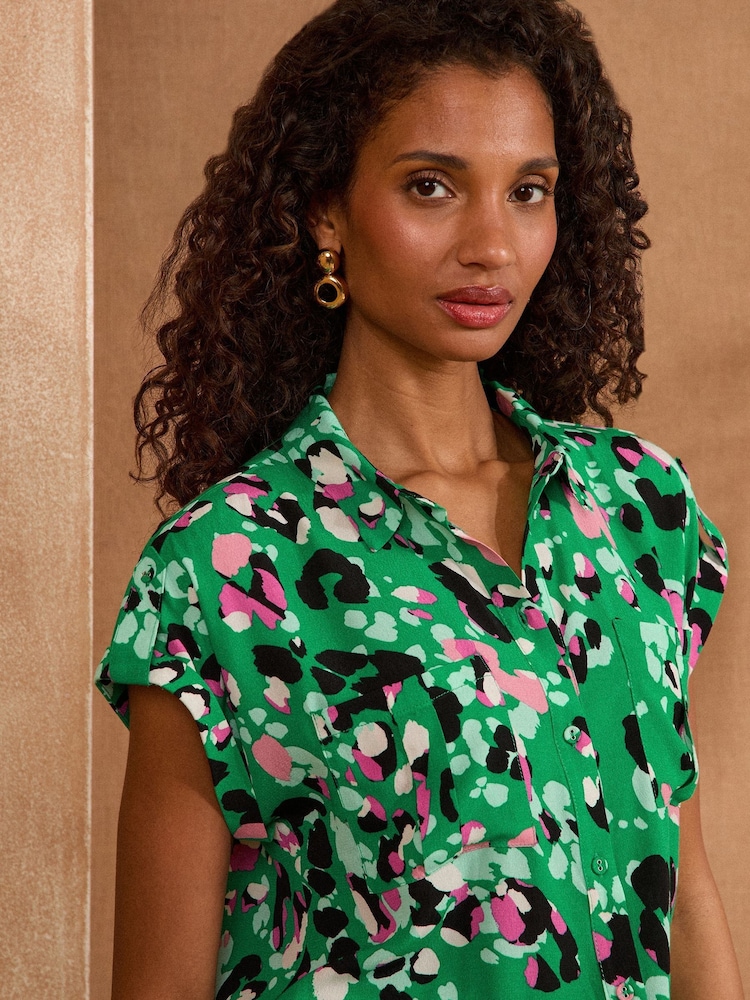 أخضر شكل حيواني - Love & Roses Printed Roll Sleeve Shirt - صورة 2 من 4