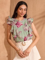 Love & Roses Mint Green Short Sleeve Ruffle Pintuck Blouse - Image 1 of 5