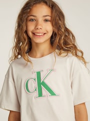 Calvin Klein Cream Monologo Glitter 100% Cotton T-Shirt - Image 3 of 5