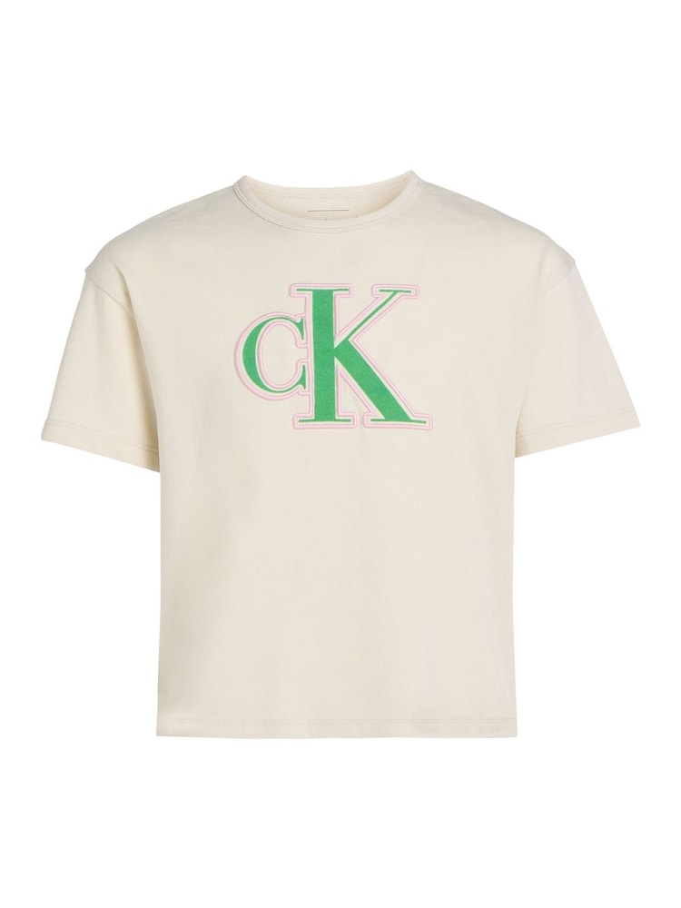 Calvin Klein Cream Monologo Glitter 100% Cotton T-Shirt - Image 4 of 5