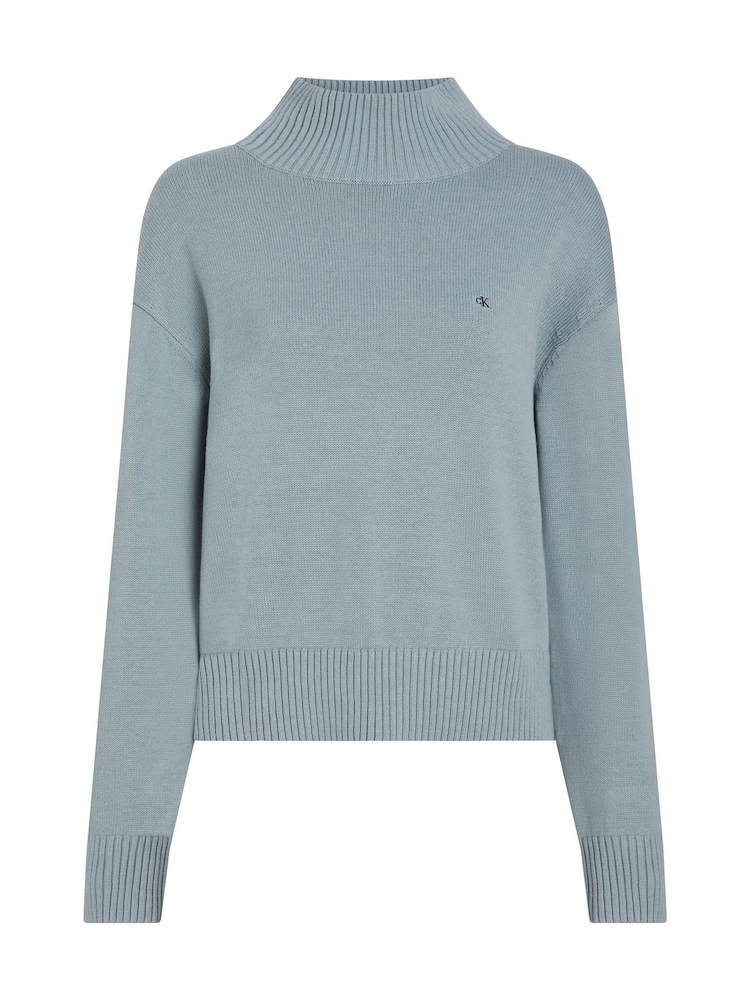Calvin Klein Blue 100% Cotton Embroidered High Neck Jumper - Image 1 of 3