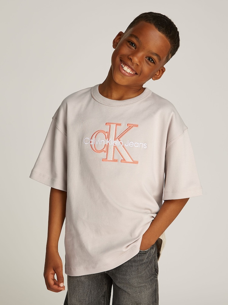 Calvin Klein Grey 100% Cotton Outlined Fleece Mono T-Shirt - Image 1 of 5